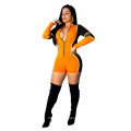 Superstarer Wholesale Latest Design Patchwork Short Knee Length Rompers for Women V Neck Bodycon Onesie Translucent Jumpsuit